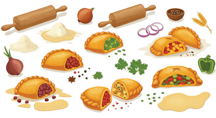 Traditional homemade empanadas, both cooked and uncooked, are featured alongside essential fresh ingredients in a vibrant, flat 2D vector illustration isolated on a clean white background.