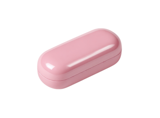 Pink oval-shaped charging case for earbuds.  Glossy finish