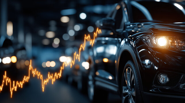 Automotive Market Trend: A line of sleek, modern cars stands as a visual metaphor for the dynamic trends influencing the automotive market, a rising line illustrating financial performance.