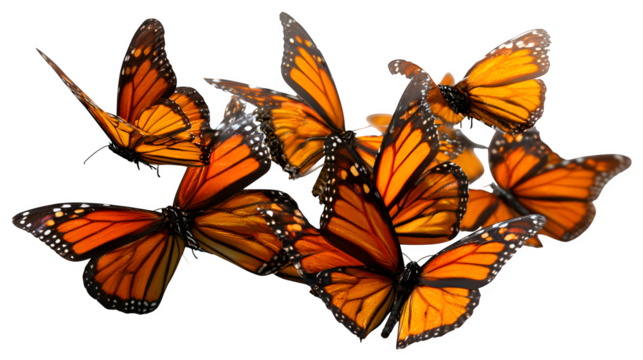 group of monarch butterflies flying together, vibrant orange wings, isolated on white background