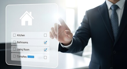 Professional Checking Transparent Interface of House Features in Bright Office