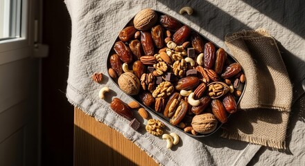 Delectable Tray Of Dates, Walnuts And Nuts Illuminated By Golden Sunlight
