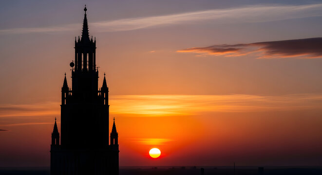 Sunset over a towering gothic skyscraper with dramatic clouds