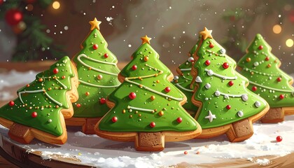 Festive Christmas tree-shaped cookies with green icing, red and white sprinkles, and gold star toppings on a snowy surface