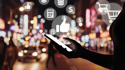 Silhouette of a Person Holding a Phone with Projected Social Media Icons Over a Blurry City Nightscape - Powered by Adobe