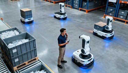 Manager supervising autonomous mobile robots in a modern warehouse. Smart factory with automated logistics and robotics. Industry 4.0 concept