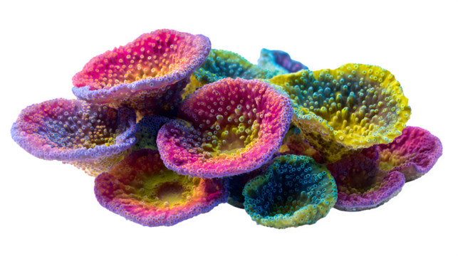 colorful coral fragments attached to small disks, live reef display, isolated on white background