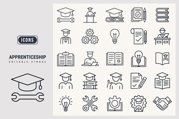 Apprenticeship Program Icons Representing Education, Skill Development, and Trade Mastery white background.