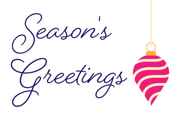 Vertical layout with "Season's Greetings" script text and a striped drop bauble illustration. Perfect for Christmas cards, holiday decorations, gift tags, seasonal designs and social media. PNG