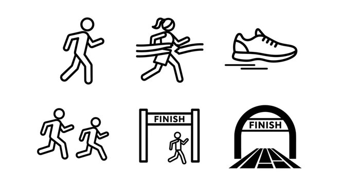 Dynamic icons capture the thrill of reaching the finish line in a race, celebrating athletic achievement and victory.