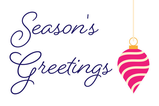 Vertical layout with "Season's Greetings" script text and a striped drop bauble illustration. Perfect for Christmas cards, holiday decorations, gift tags, seasonal designs and social media. PNG