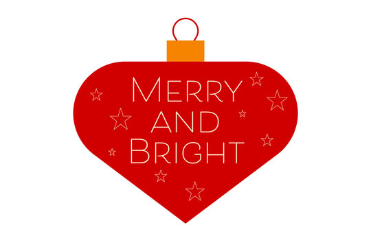 Red Christmas bauble with outlined stars and Merry and Bright text, typography. Perfect for holiday cards, festive decorations, gift tags, seasonal, winter graphic projects. High resolution PNG
