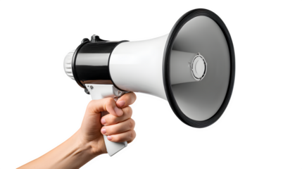 hand holding megaphone, concept of communication, isolated on white background