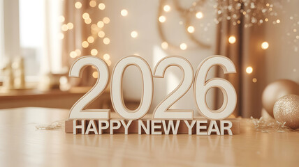 Naklejka premium Bright 2026 Happy New Year Sign with Warm Lights