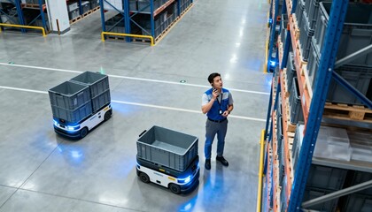 Warehouse worker managing inventory with autonomous mobile robots in a smart factory. Logistics and supply chain automation with robotics technology
