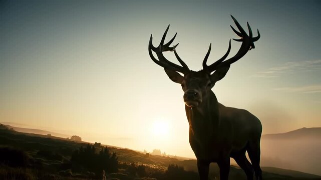 Wildlife: Majestic Red Deer stag with antlers silhouetted at golden mountain sunrise.