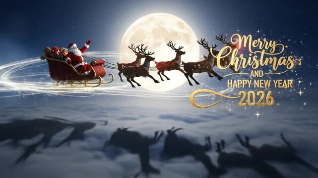 Santa Claus and his reindeer flying across the full moon on Christmas Eve delivering gifts and spreading holiday cheer for Merry Christmas and Happy New Year 2026.