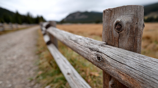 Rustic wooden fence along a countryside path in scenic landscape.