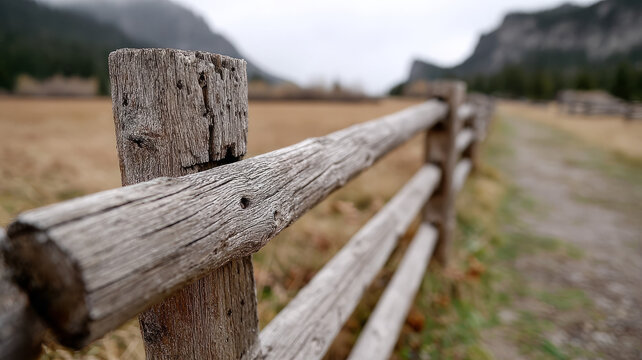 Rustic wooden fence in a scenic countryside landscape