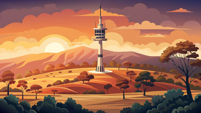 Very beautiful Telstra Tower in the distance under an orange sunset sky in Canberra, Australia, surrounded by rolling hills and warm evening light over the tranquil landscape.
