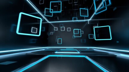 Futuristic Digital Environment with Floating Squares and Neon Lights
