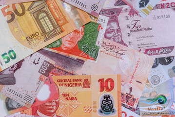 Money background, currency exchange, paper banknotes from different countries. Money cash currency