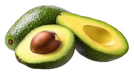 avocado fruit cut open, green flesh and seed visible, realistic texture, isolated on white background