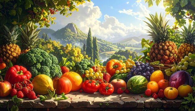 A vibrant, sunny tableau featuring a bounty of fresh produce, with a scenic countryside backdrop of rolling hills - Powered by Adobe