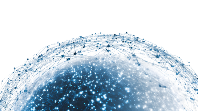 digital globe symbolizing social networking connections, glowing blue lines, isolated on white background