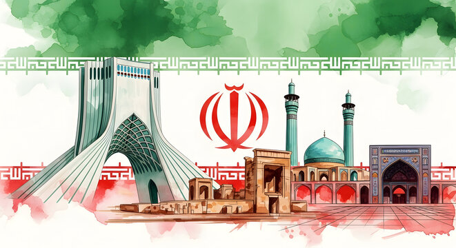 Watercolor illustration of iran with azadi tower and mosques isolated on white background