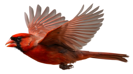 cardinal bird in flight, vibrant red plumage, dynamic wing motion, isolated on white background