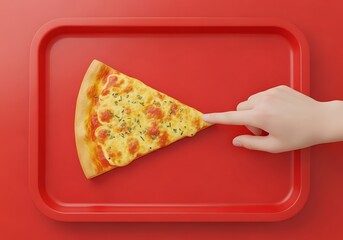 A slice of pizza on a red tray is being touched by a hand, showcasing a delicious and tempting food presentation on a vibrant red background