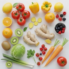 A colorful assortment of fresh fruits and vegetables, including tomatoes, lemons, ginger, and carrots, arranged on a clean white surface