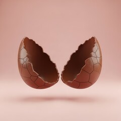 Cracked chocolate egg halves on a soft pink background, creating a whimsical and delicious easter or dessertthemed visual