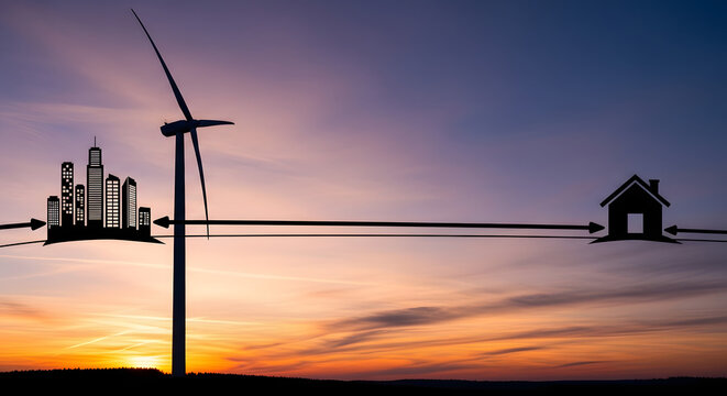 Renewable energy concept a city and a house powered by a wind turbine