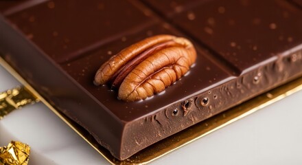 Decadent Dark Chocolate Bar with a Perfectly Positioned Pecan Nut for Gourmet Appeal