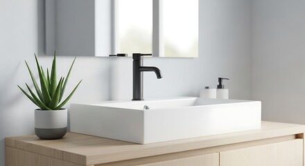 Fototapeta premium Minimalist Bathroom Sink with Black Faucet and Green Plant