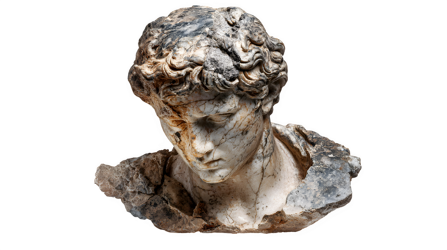 cracked marble bust of man, ancient sculpture with missing fragments, isolated on white background