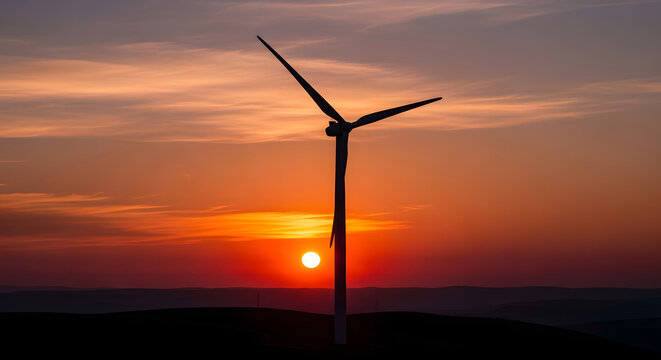 Silhouette of a wind turbine against a vibrant sunset sky - Powered by Adobe