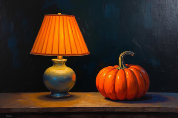Halloween pumpkin and lamp on dark background