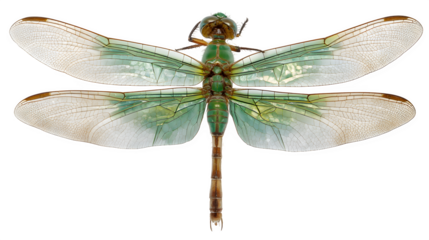 green dragonfly with transparent wings, macro natural detail, isolated on white background