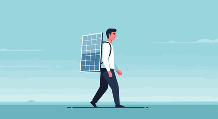 Obraz premium An innovative man carrying a portable solar panel as a backpack, symbolizing personal renewable energy and sustainable technology for a greener future