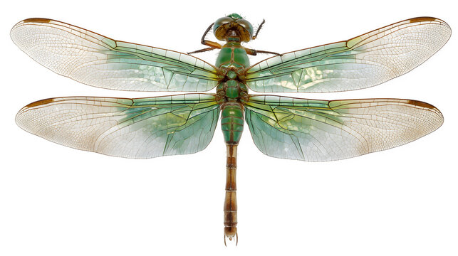 green dragonfly with transparent wings, macro natural detail, isolated on white background