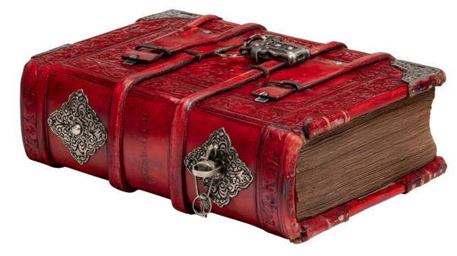 antique red leather book with metal clasps, intricate craftsmanship, isolated on white background