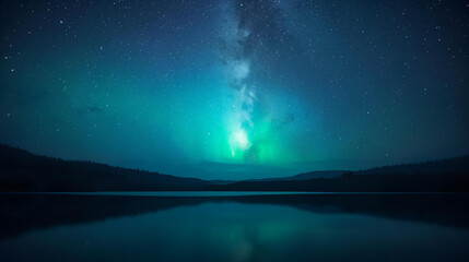 Spectacular Aurora Borealis illuminating the night sky reflected in a calm lake under a star-filled expanse