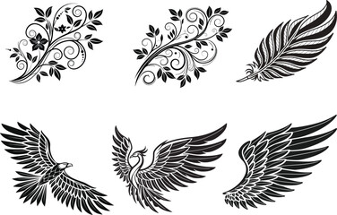 Obraz premium Collection of ornately designed wing and floral silhouettes