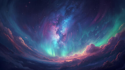Vibrant Aurora Sky An ethereal aurora borealis lights up a painterly sky with vivid colors and dreamy clouds