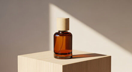Tinted Amber Perfume Bottle On Wooden Pedestal Natural Light