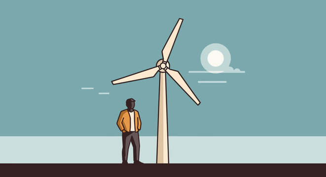 Man Contemplating a Wind Turbine Sustainable Energy and Renewable Power Generation Concept