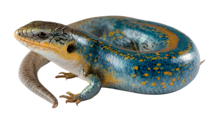 blue-tailed skink with yellow spots and curled tail, reptile macro detail, isolated on white background